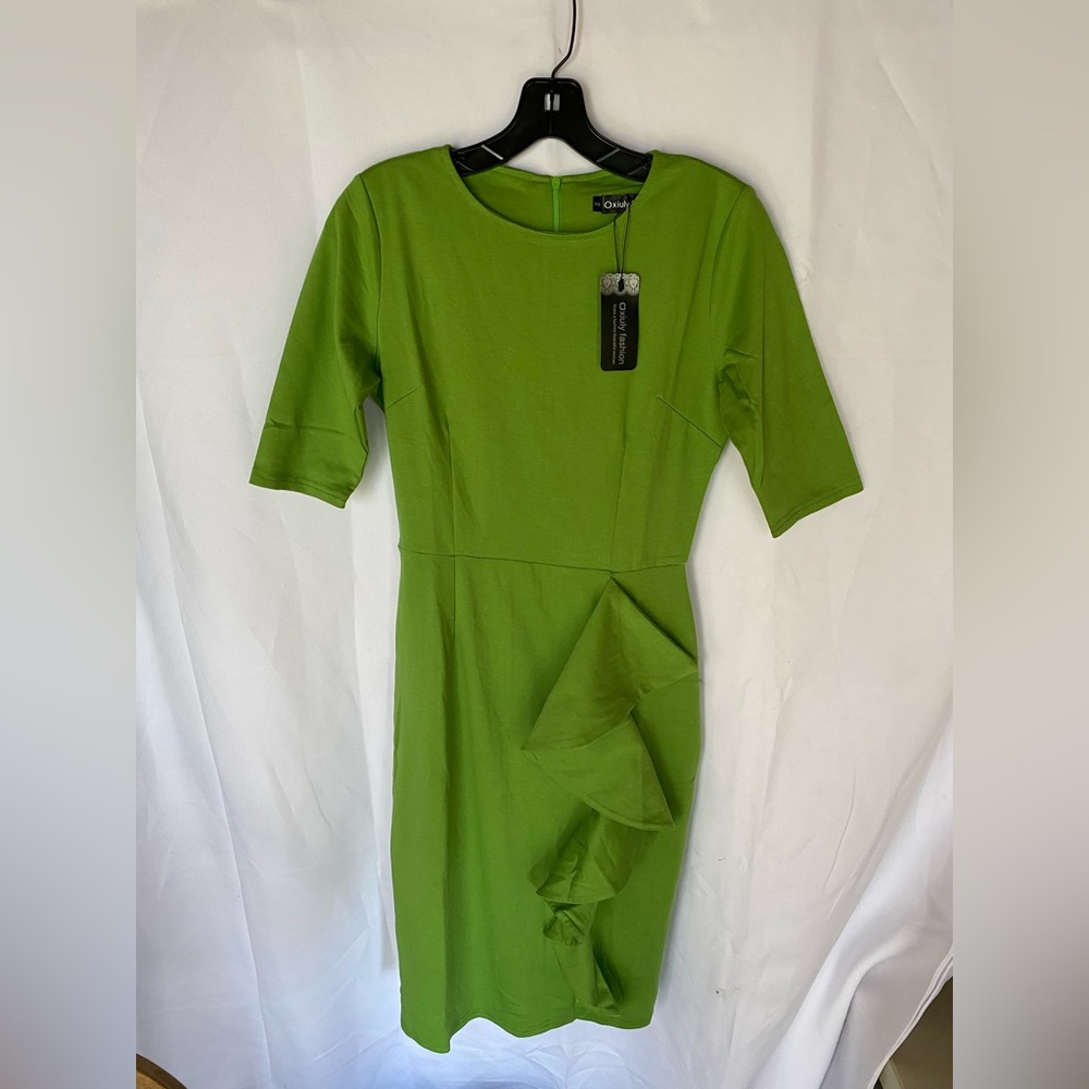 Oxiuly Women's Green O-Neck Short Sleeve Midi Dress Size S